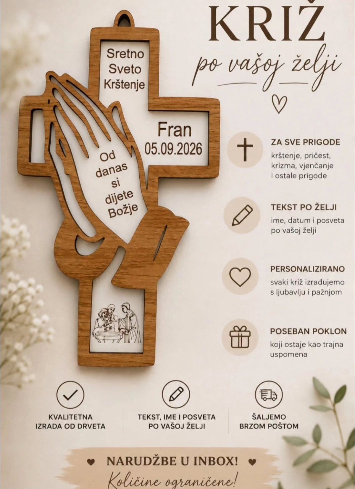 Drveni križ s gravurom imena i datuma, izrada Mali Trag Design